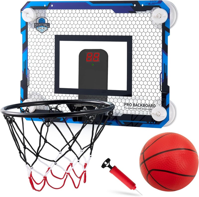 RUNBOW Store Indoor Mini Basketball Hoops Backboard with Powerful Suction Cups,Wall Mounted Door Basketball Hoops,Toys with Balls Gifts for Kids Boys Teens (43x30CM, Blue with Scorer) (Blue Scorer) - Image 1